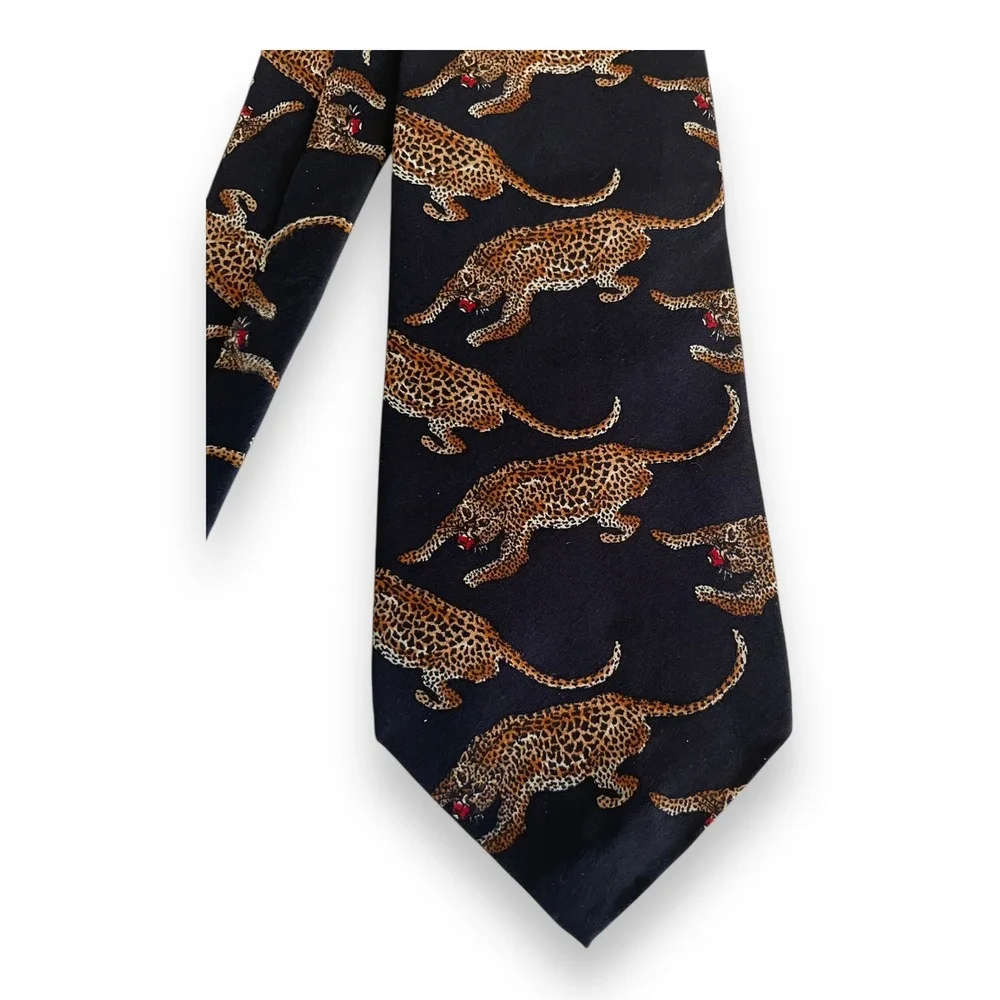 Vintage Polo Ralph Lauren Tie Navy Blue Leopard Animal Print Wide Hand Made USA‎